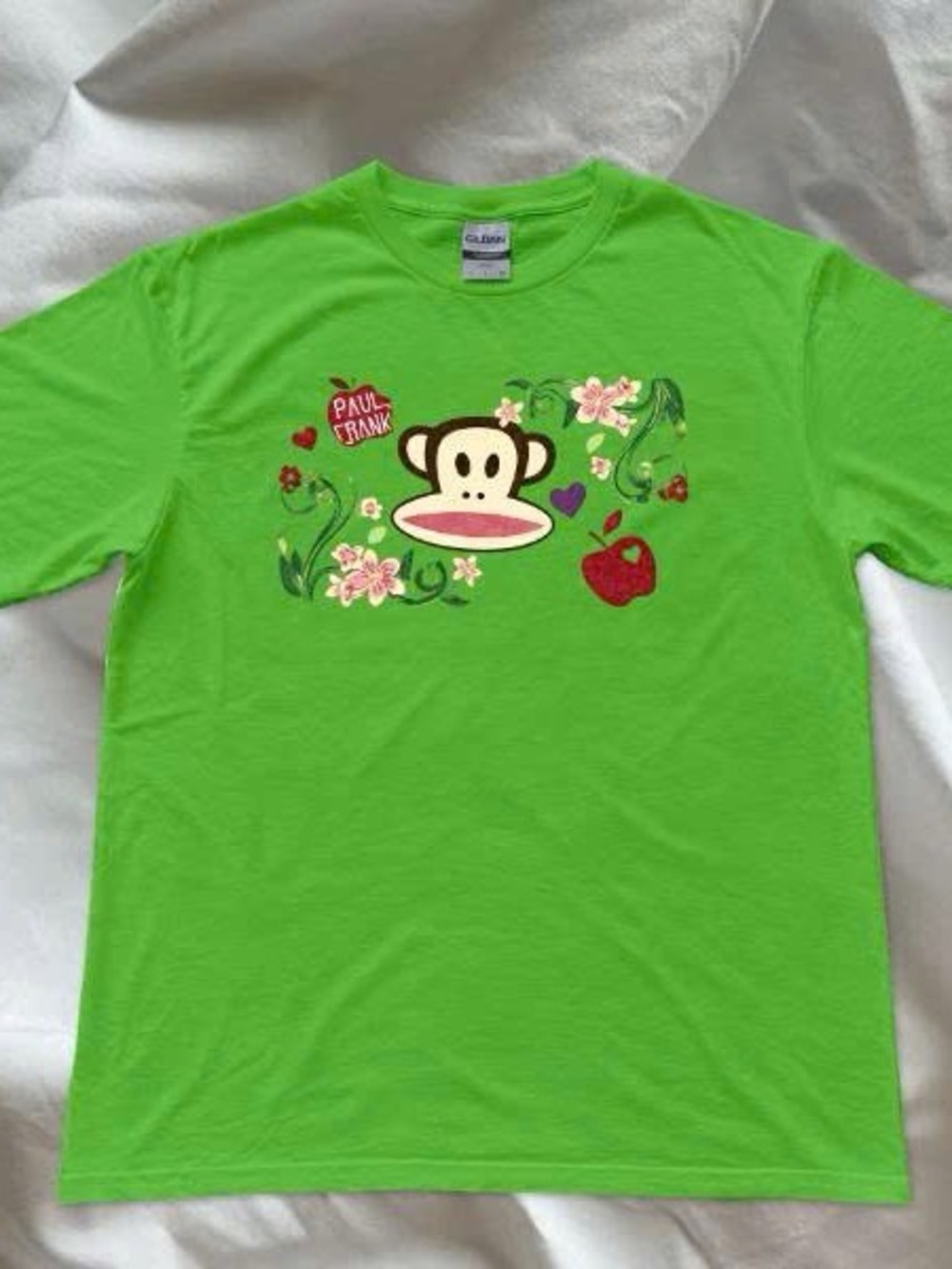 Paul Monkey Flower Graphic Gildan Tshirt Lime Green Y2K Women